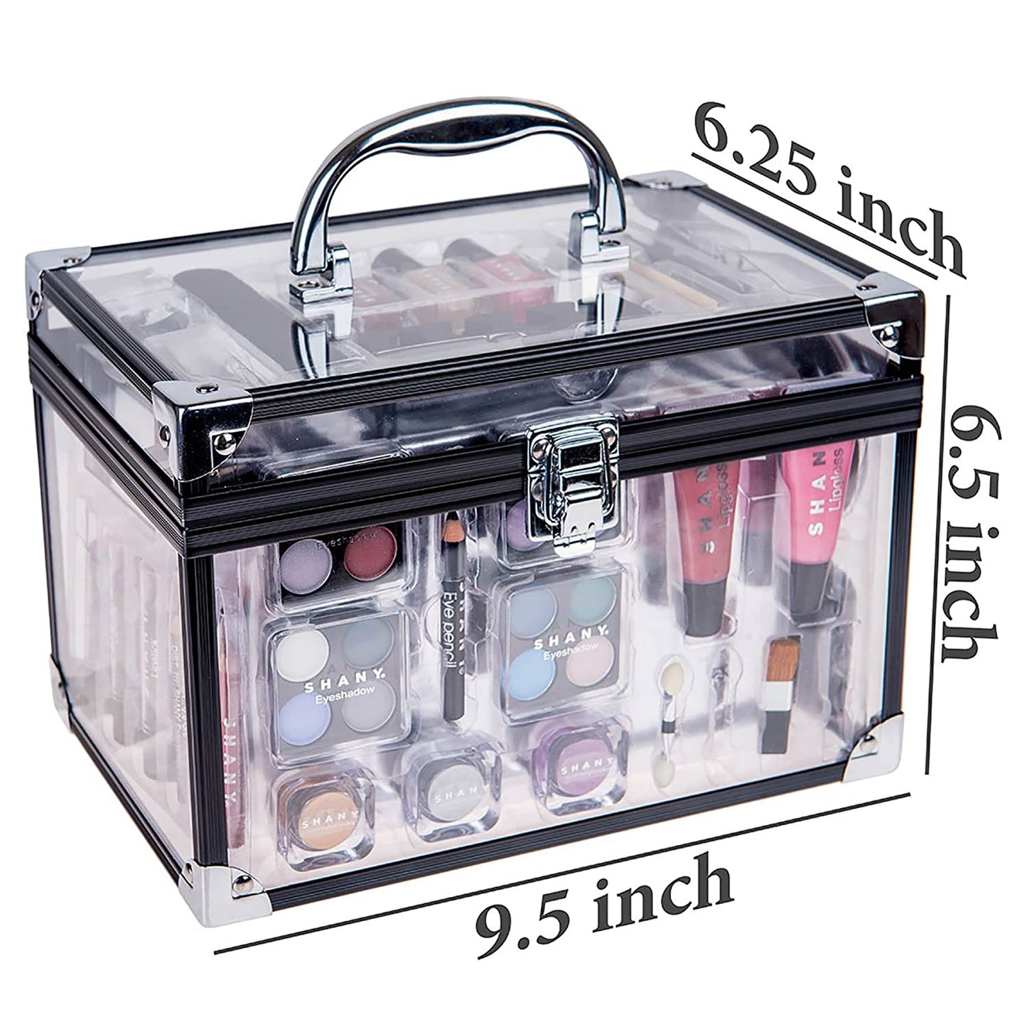 Carry All Trunk Makeup Train Case with Re-Usable Aluminum Makeup Storage Case. Non Toxic Color Make up Set with Eye Palettes, Blushes,Makeup Powders, Manicure, Pedicure and Makeup Brushes.