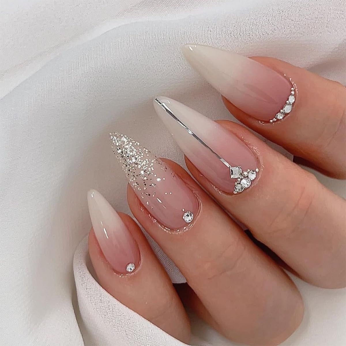 Medium Press on Nails Almond Ombre White Pink Silver Fake Nails Rhinestone Bling Glue on Nails Women Cute Stick on Nails for Acrylic Gel False Nails Wedding Birthday