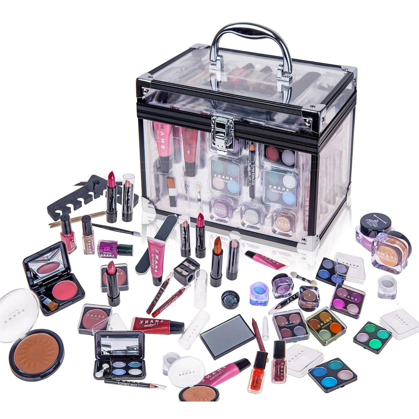 Carry All Trunk Makeup Train Case with Re-Usable Aluminum Makeup Storage Case. Non Toxic Color Make up Set with Eye Palettes, Blushes,Makeup Powders, Manicure, Pedicure and Makeup Brushes.