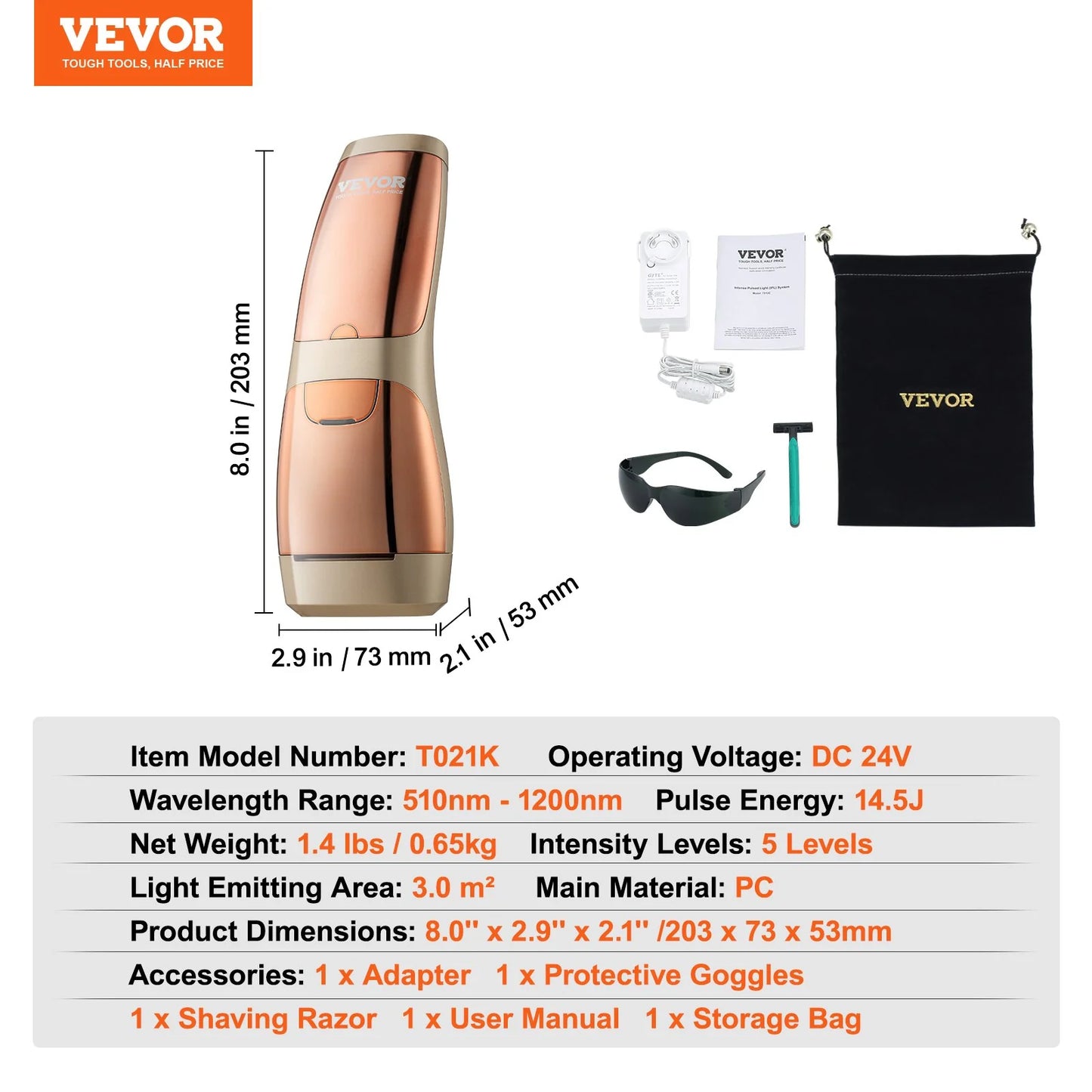 VEVOR IPL Hair Removal, Permanent Hair Removal with Sapphire Ice Cooling System, Painless At-Home Hair Removal Device for Women Men, Auto/Manual Modes, 5 Levels for Body & Face