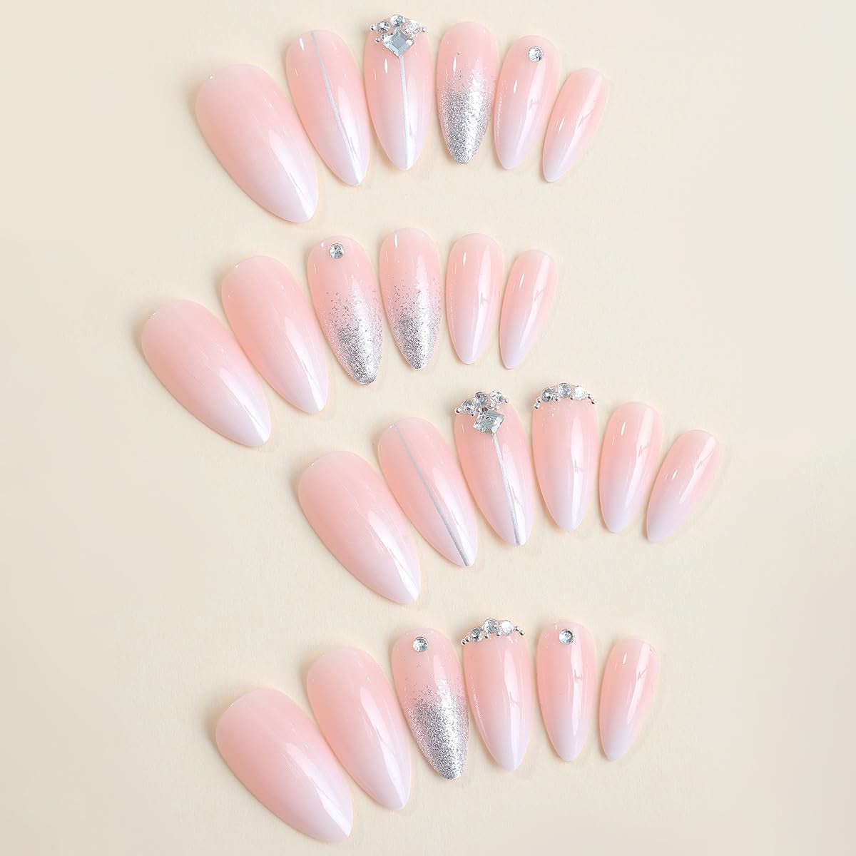 Medium Press on Nails Almond Ombre White Pink Silver Fake Nails Rhinestone Bling Glue on Nails Women Cute Stick on Nails for Acrylic Gel False Nails Wedding Birthday